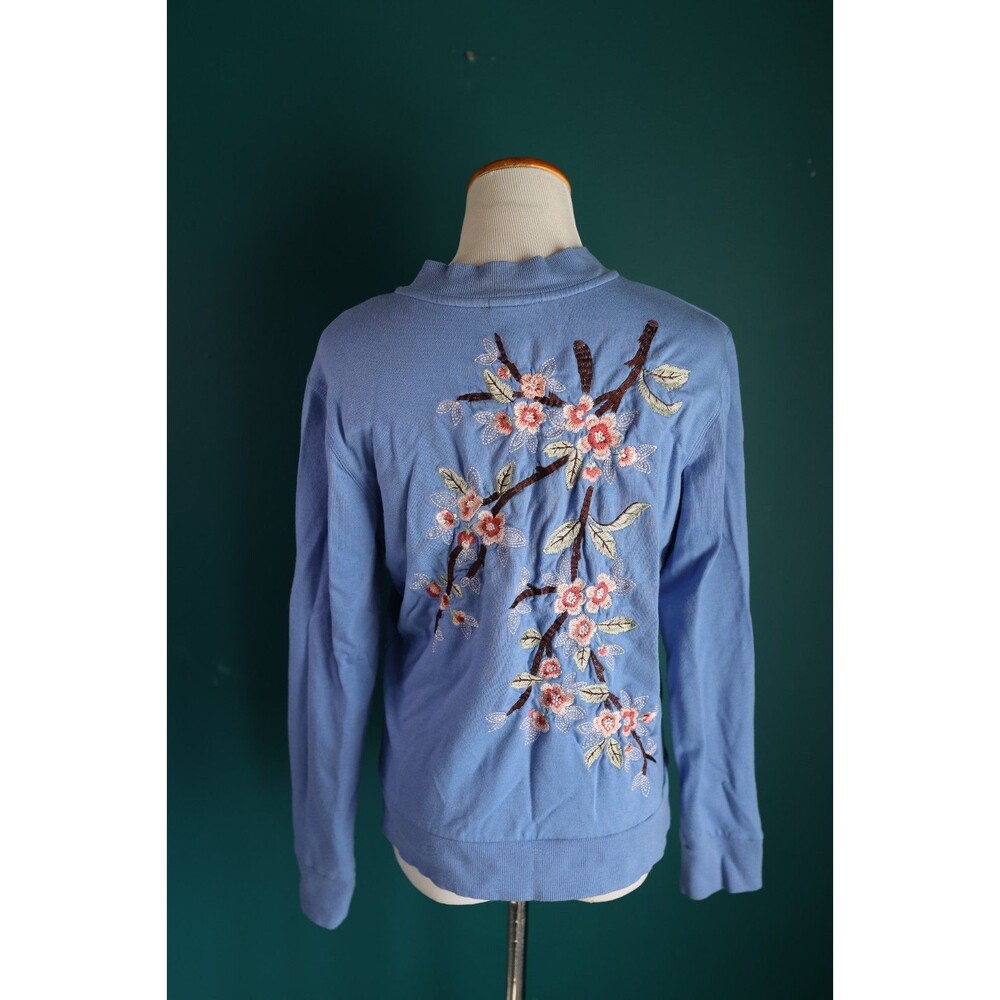 J Jill Light Blue Long Sleeve Floral Cherry Blossom Embroidered Zip Up Jacket S